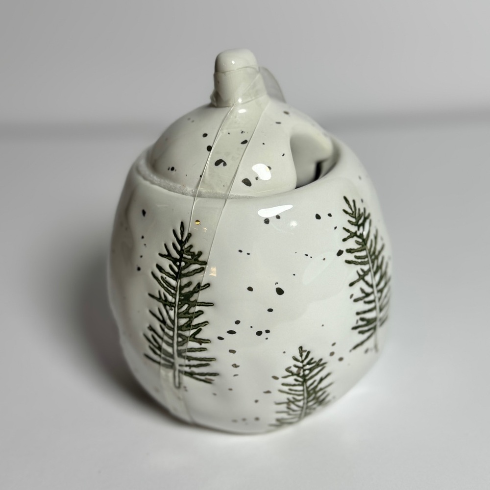Potters Studio Covered Sugar Bowl Evergreen Pine Trees‎ Christmas Cottage NEW